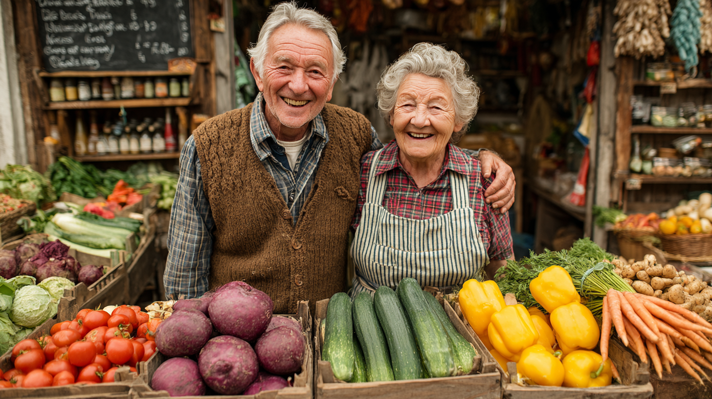 Boldog idősebb pár egészséges étellel